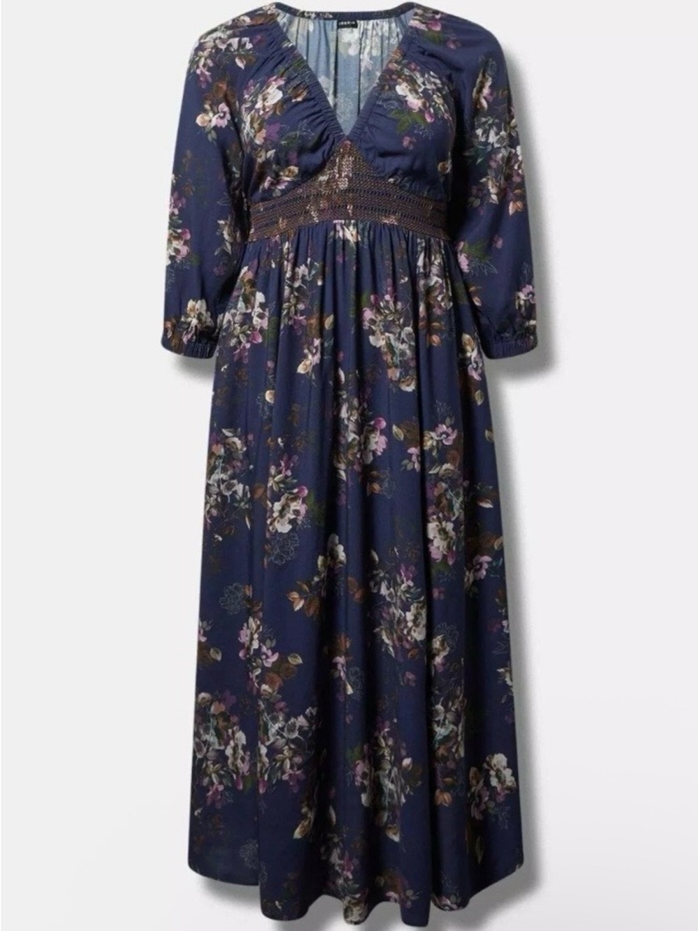 torrid 3/4 Sleeve Raglan V-Neck Navy Floral Maxi Dress w/Pockets Size 4 (26) - Picture 2 of 12